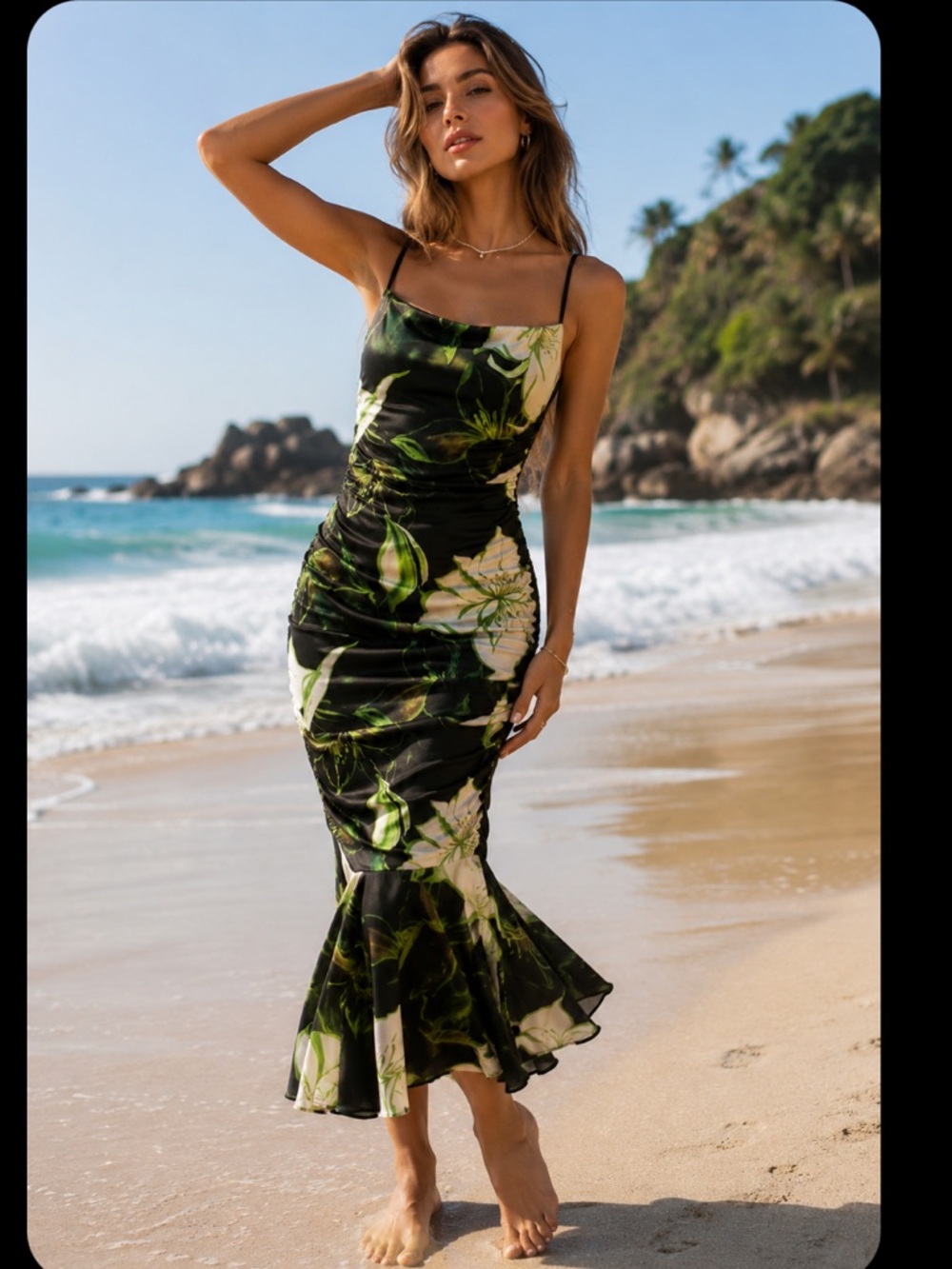 NWT Siena Black Green Floral Ruched Midi Dress Size 2X
